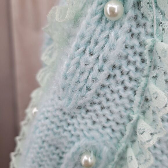 Debra Martin Vintage Women's Mint Blue Knit Sweater Lace Pearl Embellished - Picture 5 of 11